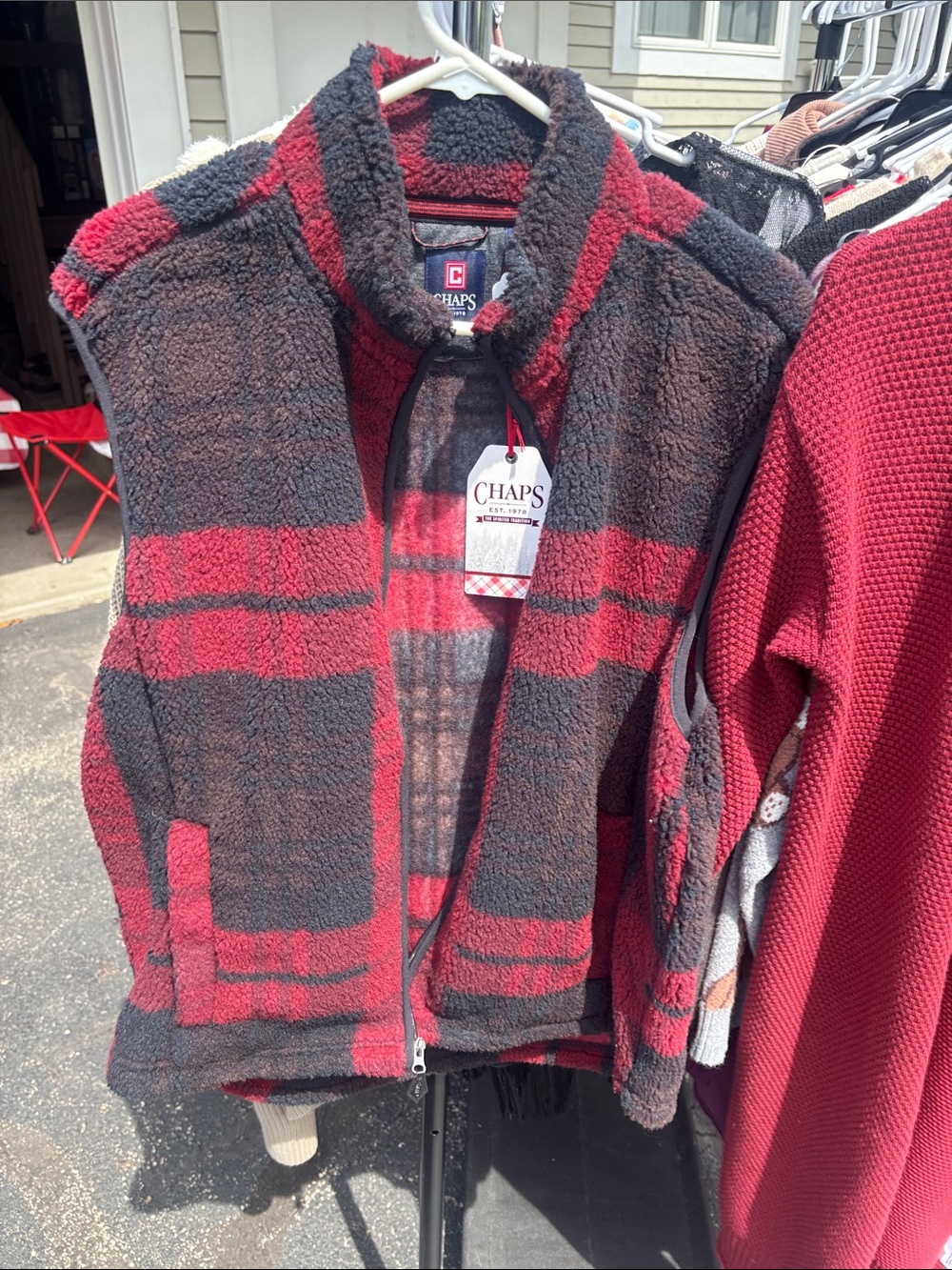 Chaps Red and Black Plaid Sherpa Vest